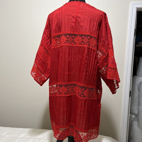 Swim Coverup Red Cutout Lace Embroidered Boho Beach Resort Wear Poolside - Picture 3 of 16